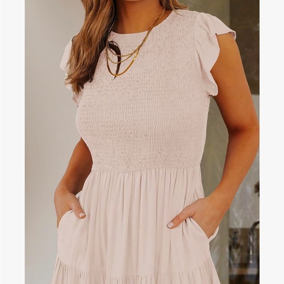 Casual Flutter Short Sleeve Crew Neck Smocked Elastic Waist Tiered Midi Dress - Picture 6 of 6